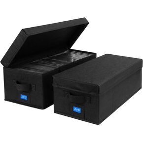 DVD Storage Box with Handles and Lid – DVD Case Holder Organizer with External Label Slots, Stackable DVD Storage Case for Dust-Free and Space-Saving Media Storage，4Pack-Black