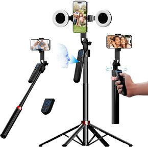 70" Auto Face Tracking Tripod for iPhone, 360 Rotation Travel Selfie Stick Mount with Remote, Gesture Control and Fill Light, Motion Sensor Phone Tripod for Tiktok YouTube Video Vlog Recording