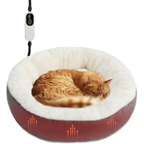 Rypet Heated Cat Bed Indoor, Soft & Cozy Donut Heated Pet Bed with Timer and Timer, Adjustable Temperature Heated Dog Beds for Small Dogs and Senior Cats with Chew Resistant Cord