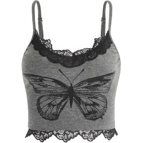 SHENHE Women's Butterfly Skull Print Contrast Lace Spaghetti Strap Sleeveless Cami Tank Crop Tops