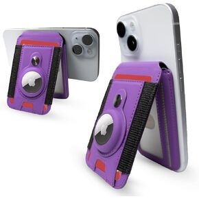 3-in-1 Magnetic Wallet Stand with AirTag Holder for iPhone 16/15/14/13/12 - Adjustable MagSafe Card Holder with Open ID Window, RFID Blocking, Holds 6 Cards, Vegan Leather. (Purple)