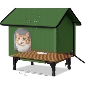 Large Heated Cat House for Outside Cat in Winter, Insulated Outdoor Feral Cat Shelter with Cat Heating Pad, Elevated Heated Kitty House for Multiple Cats, 100% Waterproof and Windproof - L