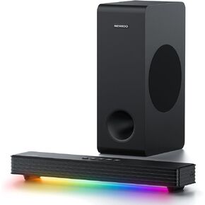 MEREDO Sound Bar for Smart TV 3.1CH PC Gaming Soundbar with Subwoofer RGB Lighting Audio Sync Surround Sound System BT 5.3/HD-ARC/Optical/AUX/USB for Desktop Tablets Consoles Home Cinema