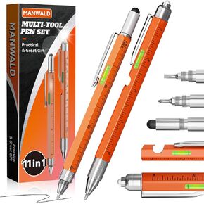 11-in-1 Multitool Pen Set with LED Light, Flathead & Phillips Screwdrivers, Level, Ruler, Bottle Opener, and Stylus, Stocking Stuffers for Men Gifts for Christmas, Gifts for Men, Husband, Dad, Black