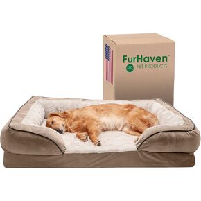 Furhaven Cooling Gel Dog Bed for Large Dogs w/ Removable Bolsters & Washable Cover, For Dogs Up to 95 lbs - Plush & Velvet Waves Perfect Comfort Sofa - Brownstone, Jumbo/XL