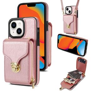 Compatible with iPhone 14 Plus 6.7 inch Wallet Case Crossbody Strap Leather Zipper Credit Card Holder Clasp Cell Accessories Phone Cover for i-Phone 14+ iPhone14Plus 5G i i14 + iPhone14 14Plus Pink