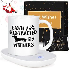 LiqCool Dachshund Gifts for Women, Easily Distracted by Coffee Mug Warmer & Heated Mug, Best Dog Mom Gifts, Funny Dog Lovers Gifts for Women on Christmas Birthday Mother's Day(11 Oz, White)