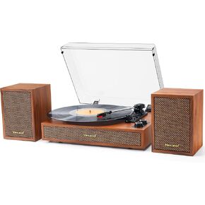 Vinyl Record Player with External Bookshelf Speakers, 33-1/3 45 78 RPM Bluetooth Vintage Vinyl Turntable with 30W Stereo Speakers, Belt-Driven,Dust Cover,Auto-Stop, Support AUX-in, RCA Out, Brown Wood