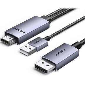 كابل UGREEN Active HDMI إلى DisplayPort مع USB يعمل بالطاقة 4K@60 هرتز 1080P@120 هرتز مصدر HDMI أحادي الاتجاه لعرض DP HDR، Dolby، HDCP2.3، مضفر 6.6FT متوافق مع أجهزة الكمبيوتر المحمول، الكمبيوتر الشخصي، PS5، Xbox، Switch