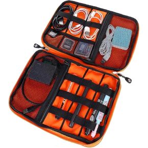11" Travel Organizer Electronics Cord Organizer Case, Cable Management Case, Universal Double Layer Travel Bag, Portable Cable Accessories Organizer with Carrying Strap, Grey/Orange