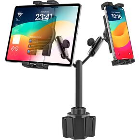 GDZN Dual Tablet Holder for Car Cup Holder - Heavy Duty [Double Metal Arm] Truck Tablet Cup Holder for iPad Pro 12.9, Galaxy Tab, Fire, 4.7-13" Tablets and Phones