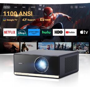 [1100 ANSI & Google TV] Wanbo X5 Pro 4K Projector with WiFi and Bluetooth, Home Outdoor Movie Proyector, Auto Focus & Keystone, 26dB Low Noise, Native 1080P, Smart Projector with Netflix & Google Play