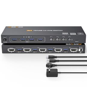 KVM Switch HDMI 4K@60Hz/2K@120Hz, HDMI KVM Switch for 4 Computer Share 1 Monitor and 4 USB3.0 Devices,Wired Remote and USB Cables Included