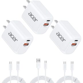 Acer USB C Charger Block, 20W Dual Port USB C Charger, 3-Pack USB Wall Charger, Phone Charger with 3-Pack 6.6FT Fast Charging Cables Compatible with iPhone 16/15/ iPad Pro/Air/AirPods and More
