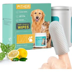 PITHER Dog Teeth Cleaning Wipes, 50pcs Pet Dental Finger Wipes Fresh Breath for Dogs and Cats Safe and Natural Wipe Away Plaque and Tartar Mildness in Nature Dog Brushing Set
