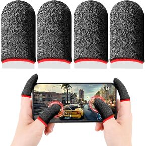 Gaming Gloves, Mobile Phone Gaming Finger Sleeves 4 PCS Thumb Sleeves 0.3 mm Anti Sweat Finger Gloves Breathable Seamless Touchscreen Finger Cover Protector Fit Most Gamers Tablet Devices(Black, Red)