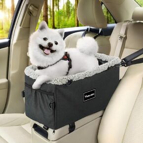 Center Console Dog Car Seat Pet Booster Car Seat Under 25lbs - Portable Pet Seat with Double Protection Seat Belts, Washable Fluffy Cushion Seat and Storage Pocket