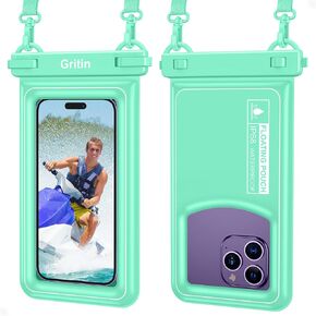 Gritin Waterproof Phone Pouch, IP68 Floating Waterproof Phone Case Bag for Swimming, Adjustable Lanyard Underwater Phone Dry Bag for iPhone 15 14 13,Galaxy S24 S23 and Other Phones up to 7.2"-Cyan