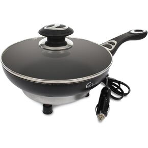 Travel Time 12V Cooking Pan with Cover – Universal for Most Vehicles, Non-Stick Surface, Stay-Cool Handle, On-the-Go Cooking, Small Cooking Appliance