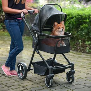 Foldable Dog Stroller, 3 in 1 Pet Stroller for Small Medium Dogs Cats up to 50lbs, Cat Stroller with Detachble Portable Pet Bag, Storage Basket and One-Button Folding Frame
