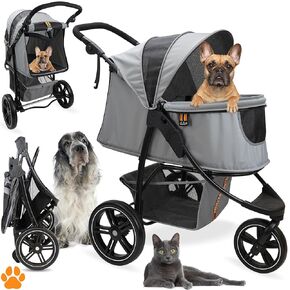 COOPER dog & pet robust buggy, jogger holds up to 32 kg / 70lbs, easy fold, multi-height adjustable soft touch handle, reflective accents, mesh inserts, zippered exits, storage basket below