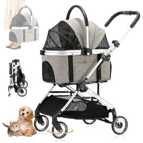 3-in-1 Pet Stroller with Detachable Carrier for Small Dogs and Cats, Folding Jogger Stroller with Zipperless Canopy and Storage Basket, Lightweight Pet Travel Carrier Trolley Car Seat, Khaki