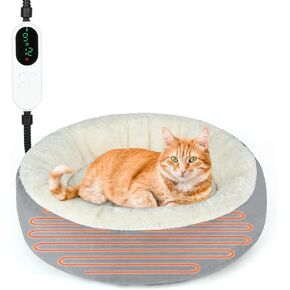 BWOGUE Heated Cat Bed for Indoor Cats,19'' Donut Detachable Heated Pet Bed Thermo-Kitty Heating Bed,Electric Warming Cat Bed Heater with Timer, Washable pet Heating Bed