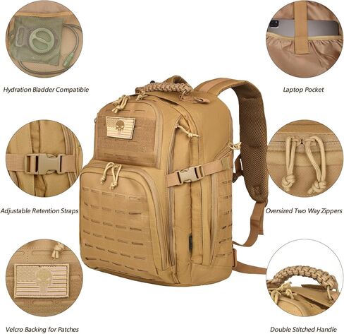 حقيبة ظهر تكتيكية عسكرية سعة 40 لتر للرجال، حقيبة ظهر للعمل من Molle EDC للمشي لمسافات طويلة، حزمة هجوم للجيش 3 أيام وحقيبة للحشرات مع حجرة المثانة المائية (05-كاكي) in Kuwait