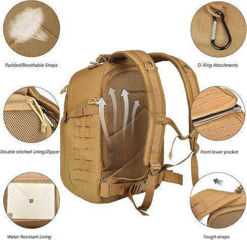 حقيبة ظهر تكتيكية عسكرية سعة 40 لتر للرجال، حقيبة ظهر للعمل من Molle EDC للمشي لمسافات طويلة، حزمة هجوم للجيش 3 أيام وحقيبة للحشرات مع حجرة المثانة المائية (05-كاكي) in Kuwait