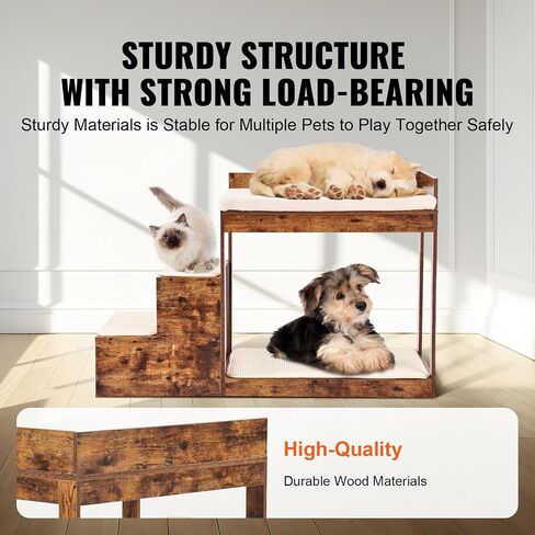 VEVOR Pet Bunk Bed with Stairs, Dog/Cat Window Perch for High Beds and Couches, Medium Multi-Level 3 Step Dog Seat Platform Sleeper Couch, Practical for Modern Homes (Rustic Brown) in Saudi Arabia