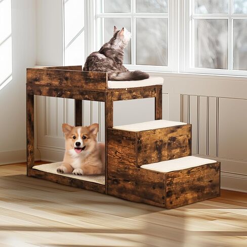 VEVOR Pet Bunk Bed with Stairs, Dog/Cat Window Perch for High Beds and Couches, Medium Multi-Level 3 Step Dog Seat Platform Sleeper Couch, Practical for Modern Homes (Rustic Brown) in Saudi Arabia