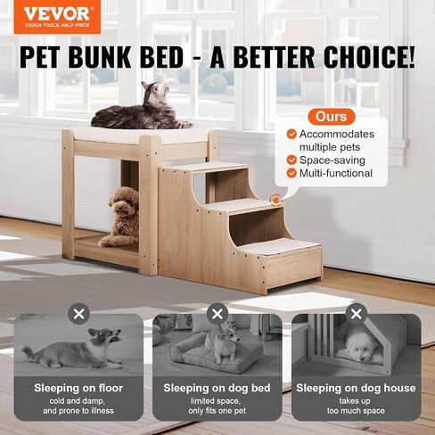 VEVOR Pet Bunk Bed with Stairs, Dog/Cat Window Perch for High Beds and Couches, Medium Multi-Level 3 Step Dog Seat Platform Sleeper Couch, Practical for Modern Homes (Rustic Brown) in Saudi Arabia