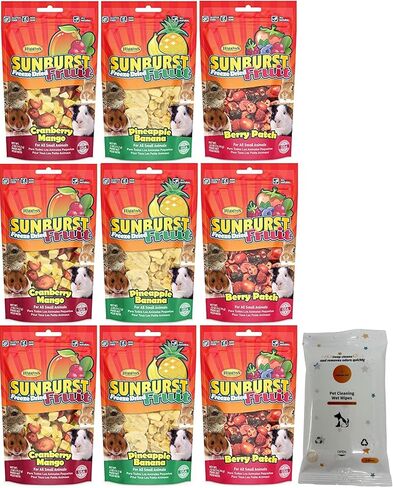 مجموعة متنوعة من Aurora Pet (9) Higgins Sunburst Freeze الفواكه المجففة ومكافآت الحيوانات الصغيرة (3) رقعة توت الفاكهة (3) مانجو التوت البري (3) الأناناس والموز (0.5 أونصة لكل واحدة) مع مناديل AuroraPet in Kuwait