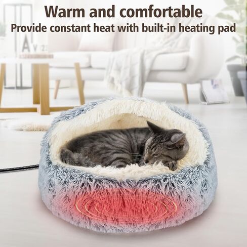 MEWTOGO 19.7in Heated Cat Bed with Hooded Cover - Warm & Soft Cat Cave Bed with Pet Heating Pad, 6 Levels Adjustable Temp & Timer, Washable for Small Pets Up to 16.5lb and Cat Gifts in Saudi Arabia