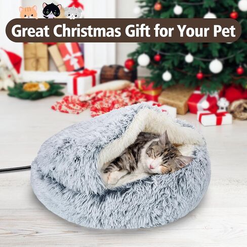 MEWTOGO 19.7in Heated Cat Bed with Hooded Cover - Warm & Soft Cat Cave Bed with Pet Heating Pad, 6 Levels Adjustable Temp & Timer, Washable for Small Pets Up to 16.5lb and Cat Gifts in Saudi Arabia