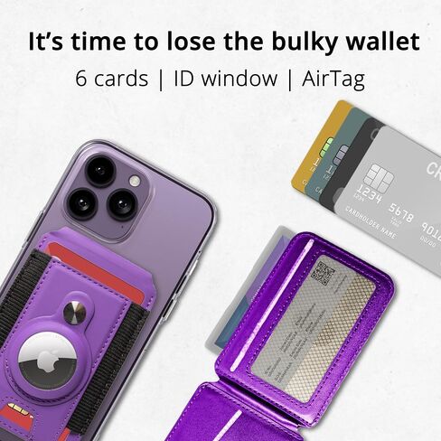 3-in-1 Magnetic Wallet Stand with AirTag Holder for iPhone 16/15/14/13/12 - Adjustable MagSafe Card Holder with Open ID Window, RFID Blocking, Holds 6 Cards, Vegan Leather. (Purple) in Saudi Arabia