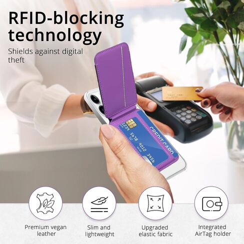 3-in-1 Magnetic Wallet Stand with AirTag Holder for iPhone 16/15/14/13/12 - Adjustable MagSafe Card Holder with Open ID Window, RFID Blocking, Holds 6 Cards, Vegan Leather. (Purple) in Saudi Arabia