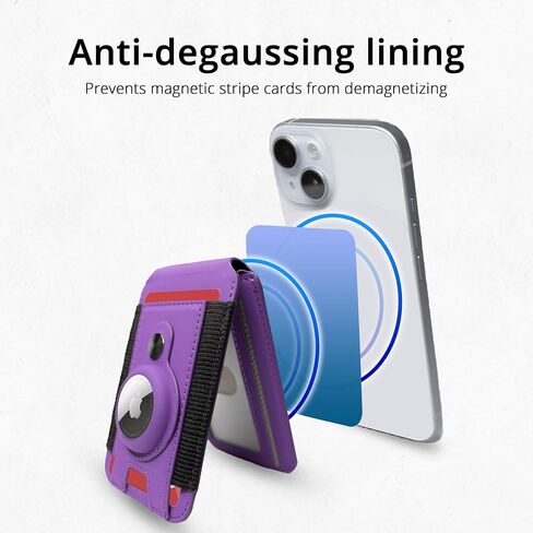 3-in-1 Magnetic Wallet Stand with AirTag Holder for iPhone 16/15/14/13/12 - Adjustable MagSafe Card Holder with Open ID Window, RFID Blocking, Holds 6 Cards, Vegan Leather. (Purple) in Saudi Arabia