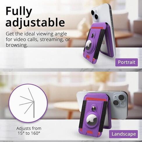 3-in-1 Magnetic Wallet Stand with AirTag Holder for iPhone 16/15/14/13/12 - Adjustable MagSafe Card Holder with Open ID Window, RFID Blocking, Holds 6 Cards, Vegan Leather. (Purple) in Saudi Arabia