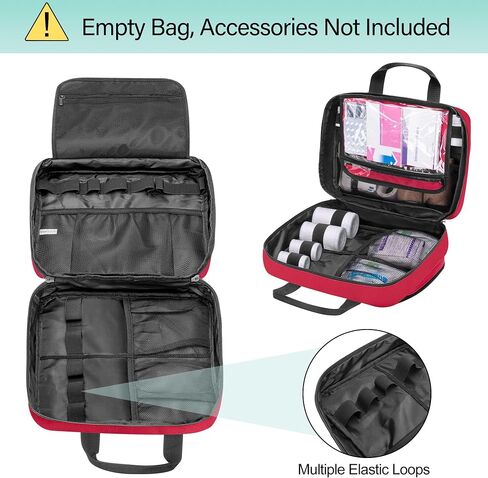 CURMIO Medical Storage Bag, Empty Emergency Kit Bag with Multiple Pockets, Portable First Aid Kit for Home Health Care Supplies, Travel, Camping, Red, Bag Only in Saudi Arabia