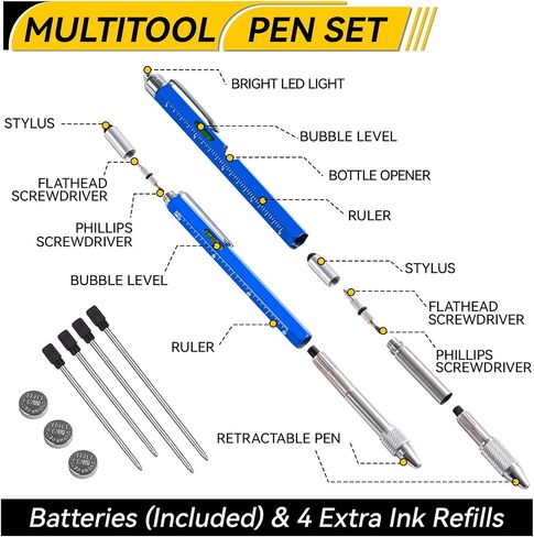 11-in-1 Multitool Pen Set with LED Light, Flathead & Phillips Screwdrivers, Level, Ruler, Bottle Opener, and Stylus, Stocking Stuffers for Men Gifts for Christmas, Gifts for Men, Husband, Dad, Black in Saudi Arabia