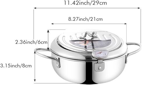 وعاء مقلاة عميقة، وعاء مقلاة عميقة من الفولاذ المقاوم للصدأ سعة 2.2 لتر 304 مع ميزان حرارة، وغطاء ورف تصريف الزيت بالتنقيط، وعاء الدجاج المقلي، مقلاة تيمبورا على الطراز الياباني لأجنحة الدجاج المقلية والروبيان in Kuwait