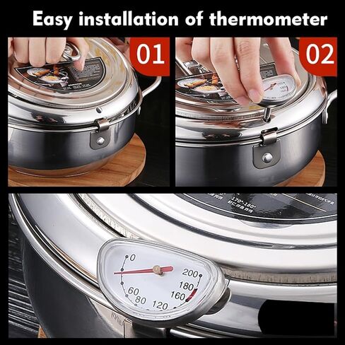 وعاء مقلاة عميقة، وعاء مقلاة عميقة من الفولاذ المقاوم للصدأ سعة 2.2 لتر 304 مع ميزان حرارة، وغطاء ورف تصريف الزيت بالتنقيط، وعاء الدجاج المقلي، مقلاة تيمبورا على الطراز الياباني لأجنحة الدجاج المقلية والروبيان in Kuwait