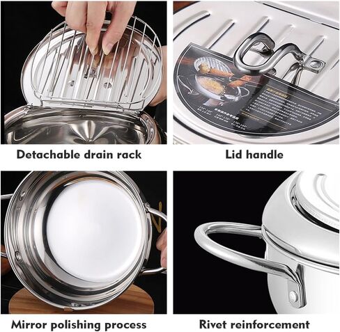 وعاء مقلاة عميقة، وعاء مقلاة عميقة من الفولاذ المقاوم للصدأ سعة 2.2 لتر 304 مع ميزان حرارة، وغطاء ورف تصريف الزيت بالتنقيط، وعاء الدجاج المقلي، مقلاة تيمبورا على الطراز الياباني لأجنحة الدجاج المقلية والروبيان in Kuwait