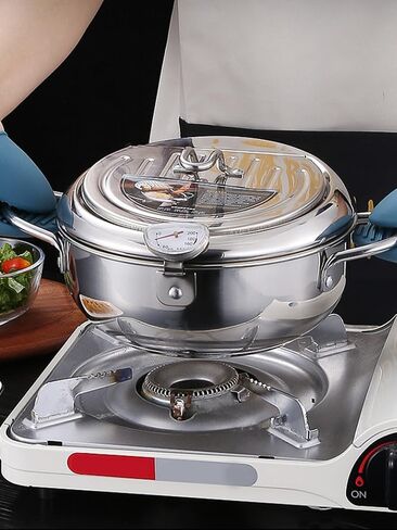 وعاء مقلاة عميقة، وعاء مقلاة عميقة من الفولاذ المقاوم للصدأ سعة 2.2 لتر 304 مع ميزان حرارة، وغطاء ورف تصريف الزيت بالتنقيط، وعاء الدجاج المقلي، مقلاة تيمبورا على الطراز الياباني لأجنحة الدجاج المقلية والروبيان in Kuwait