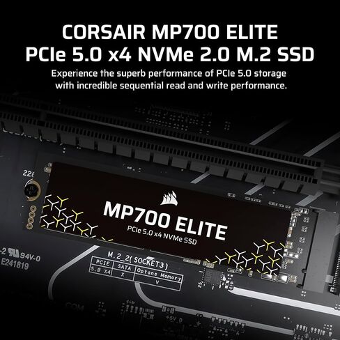 Corsair MP700 Elite 2TB PCIe 5.0 x4 NVMe M.2 SSD – Included Aluminum Heatsink – Up to 10,000MB/sec – High-Density 3D TLC NAND – M.2 2280 - DirectStorage Compatible – Black in Saudi Arabia