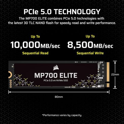 Corsair MP700 Elite 2TB PCIe 5.0 x4 NVMe M.2 SSD – Included Aluminum Heatsink – Up to 10,000MB/sec – High-Density 3D TLC NAND – M.2 2280 - DirectStorage Compatible – Black in Saudi Arabia