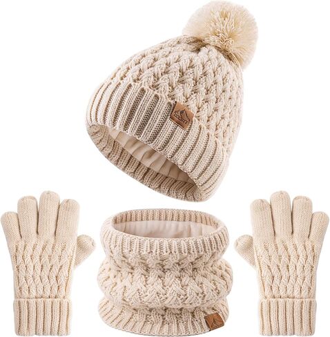 Kids Pompom Winter Beanie Hat Scart Gloves Set,Boys Girls Knitted Fleece Lined Woollen Hat for Children's Toddler 3-9 Years in Kuwait