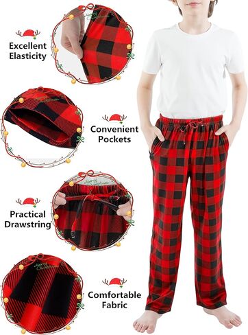 Cooraby Boys Plaid Pants Boys Girls Printed Plaid Pants with Pockets Drawstring Elastic Waist Plaid Pants for Christmas in Kuwait