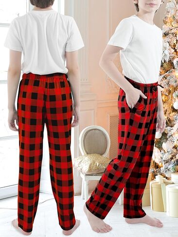 Cooraby Boys Plaid Pants Boys Girls Printed Plaid Pants with Pockets Drawstring Elastic Waist Plaid Pants for Christmas in Kuwait